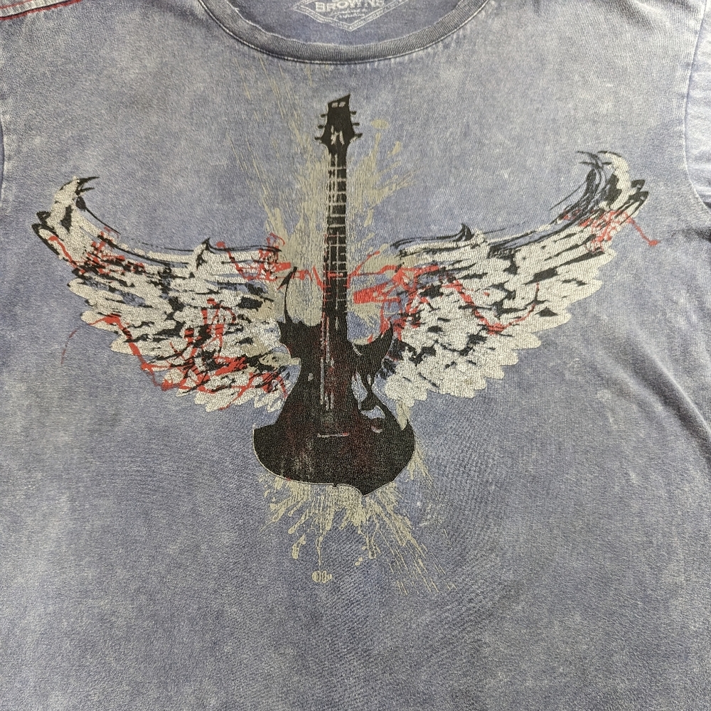 Joe Brown Guitar with Angel Wings Muted Slate Blue Subtle Acid Wash Tee Medium